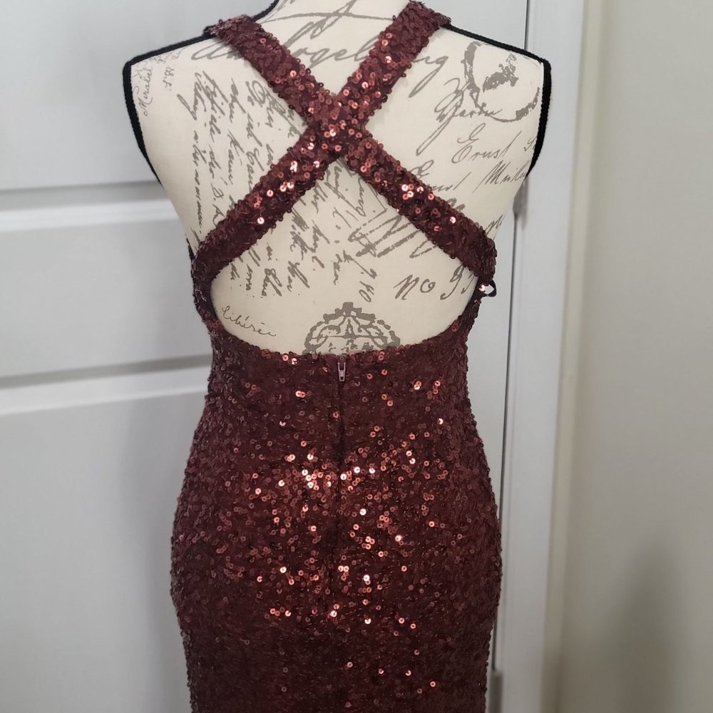 B. Darlin Sequin copper embellished split him mermaid style ball gown size 3/4 - Picture 12 of 16